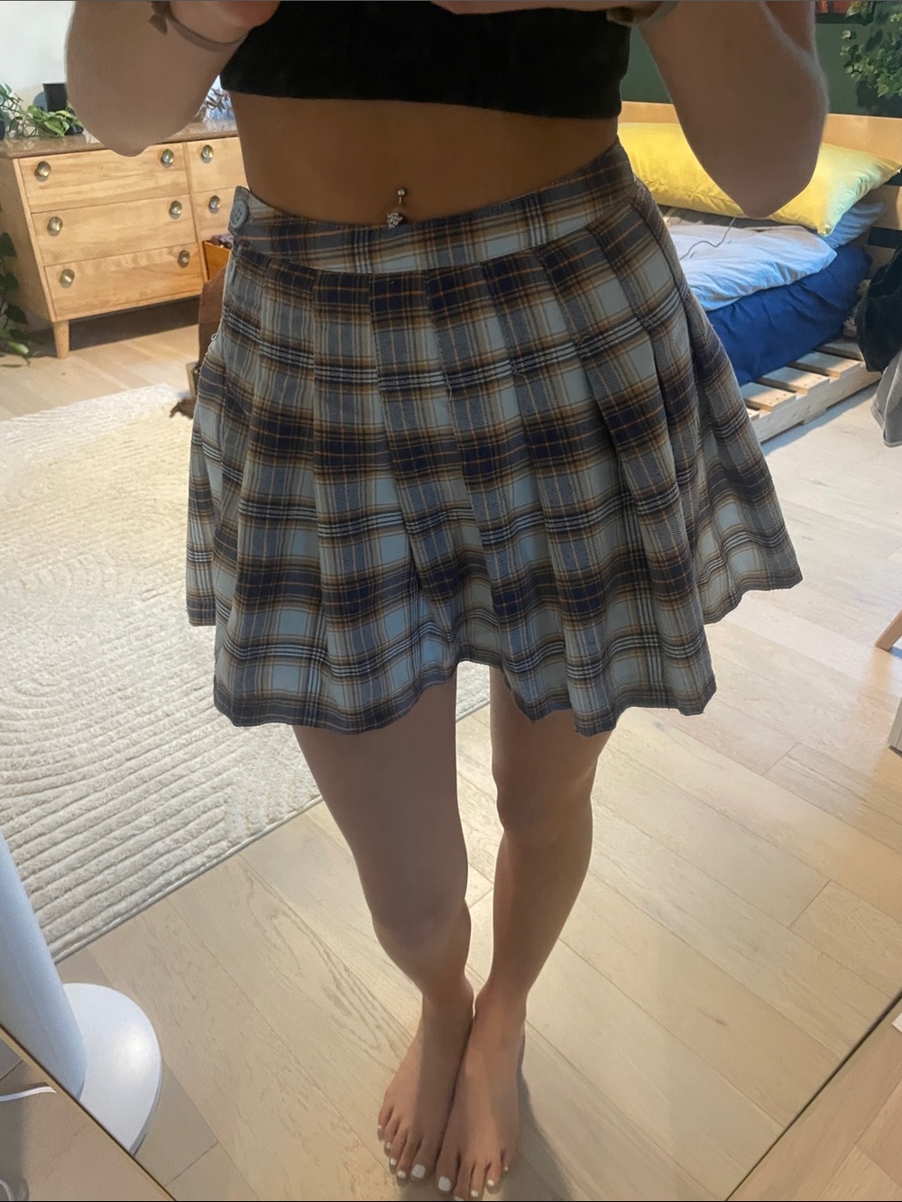 Pleated Blue Plaid Mini Skirt